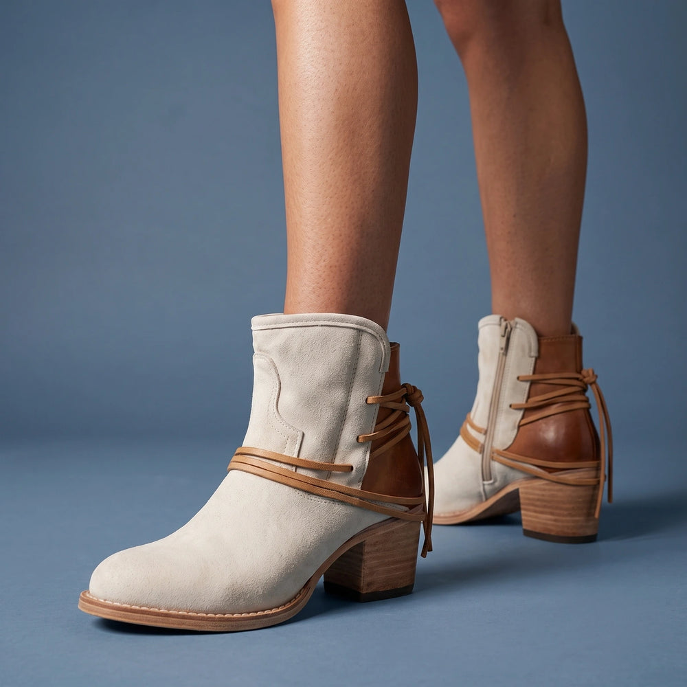 Hermia Wrap Tie Stacked Block Heel Ankle Boots - White