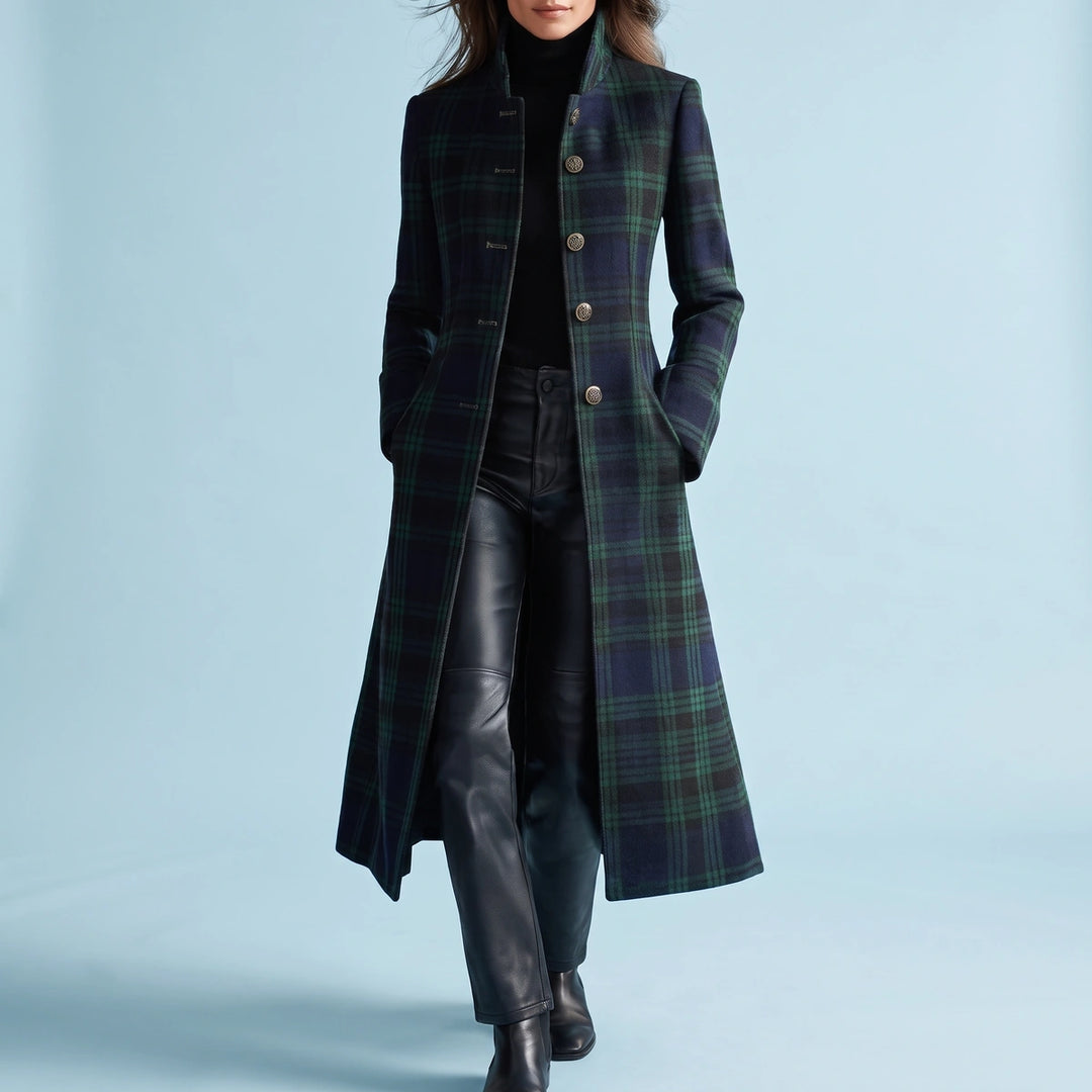 Hermione Tartan Plaid Long Wool Coat - Green