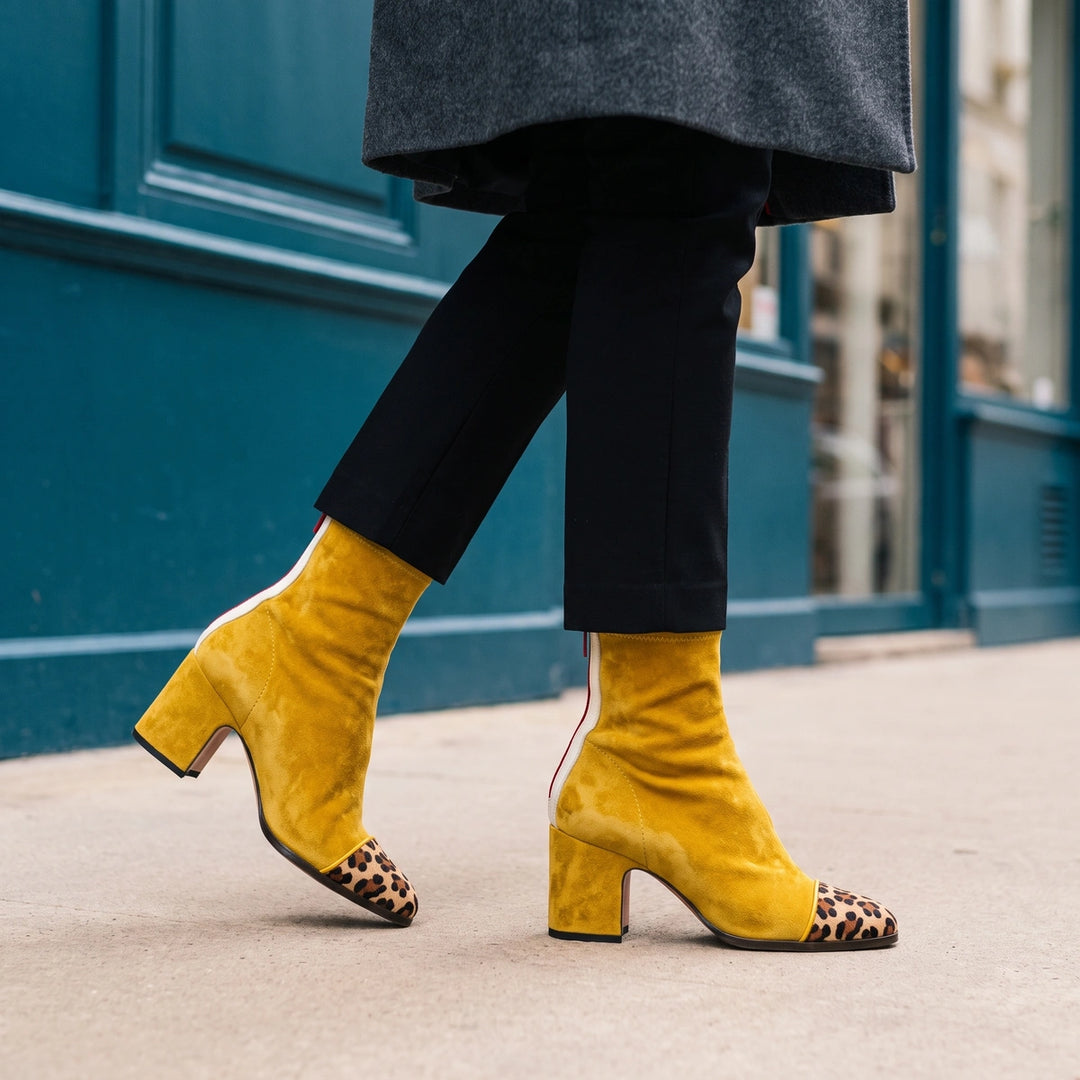 Honoria Leopard Toe Cap Suede Block Heel Boots - Yellow
