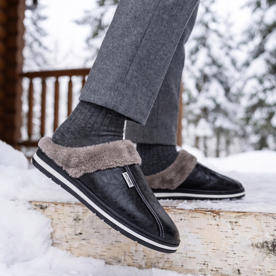 Horatio Fleece Lined Embossed Winter Slippers - Black