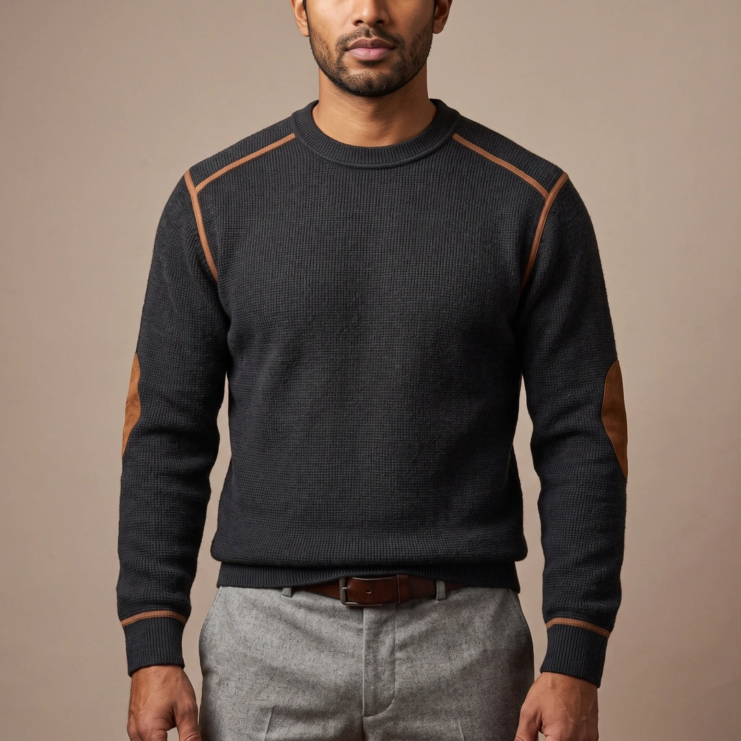 Hugo Waffle Knit Elbow Patch Sweater - Black