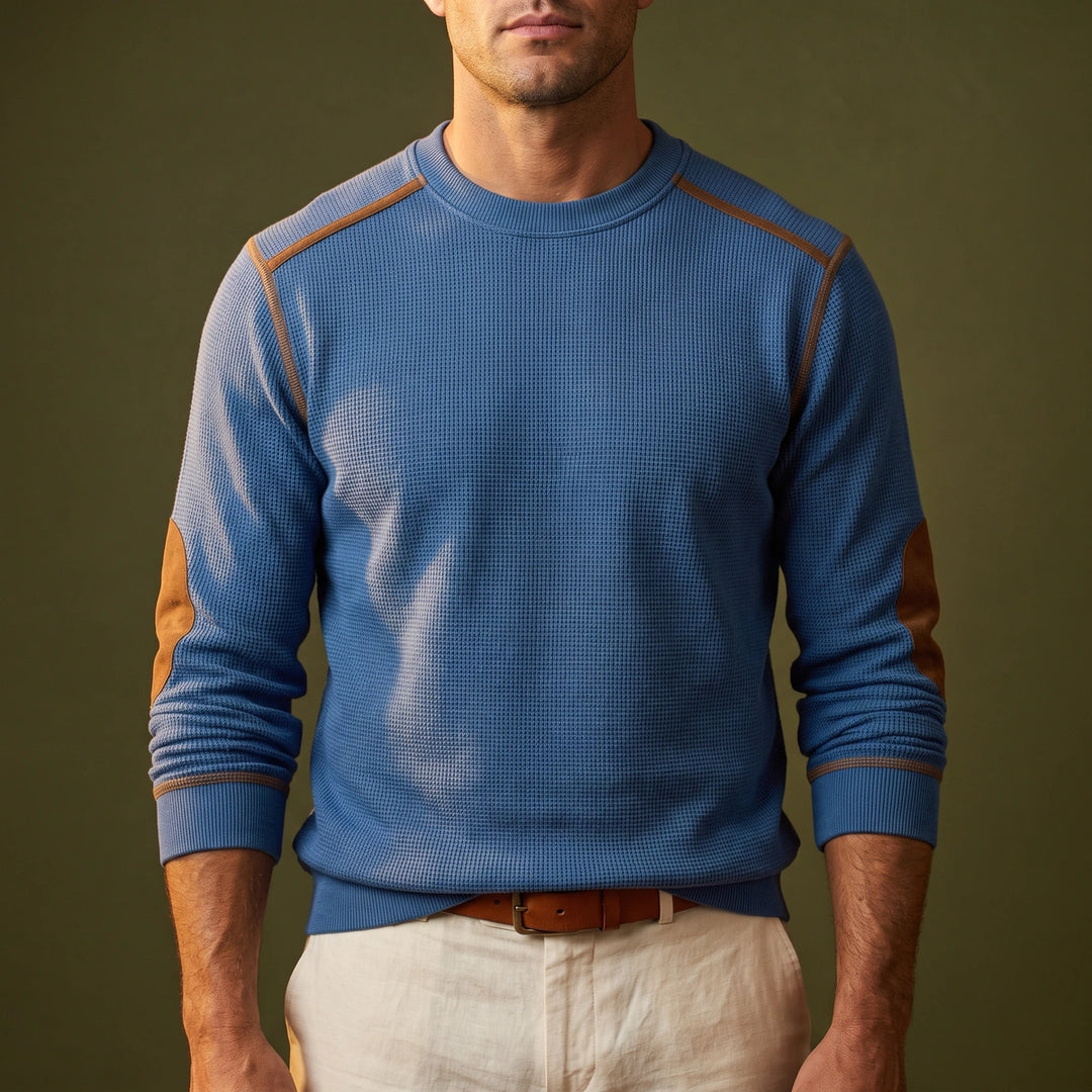 Hugo Waffle Knit Elbow Patch Sweater - Blue