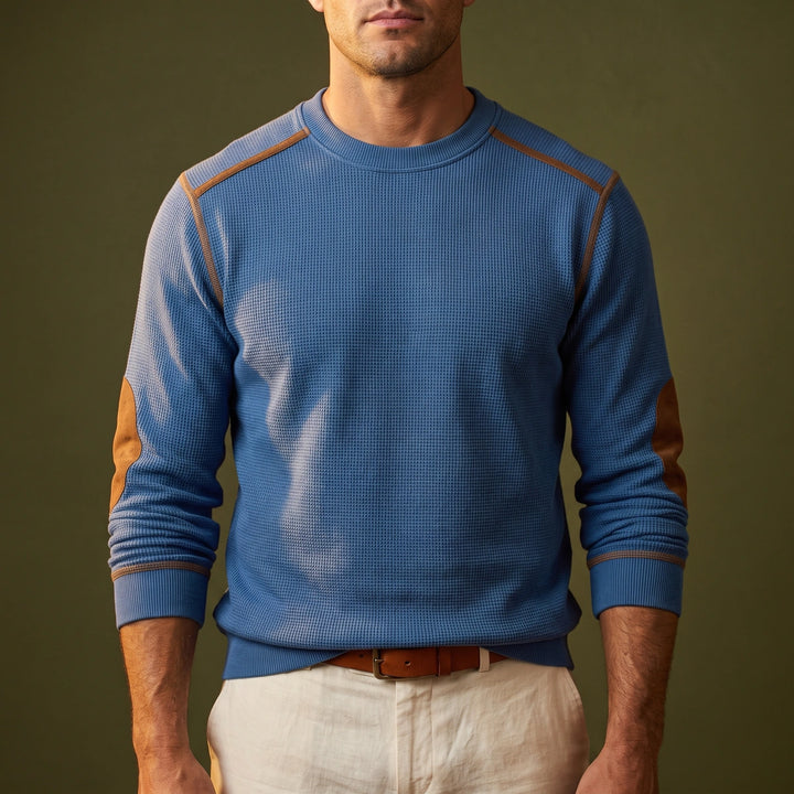 Hugo Waffle Knit Elbow Patch Sweater - Blue