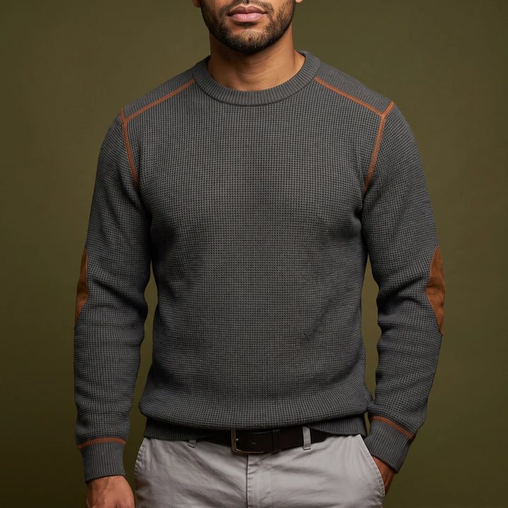 Hugo Waffle Knit Elbow Patch Sweater - Gray