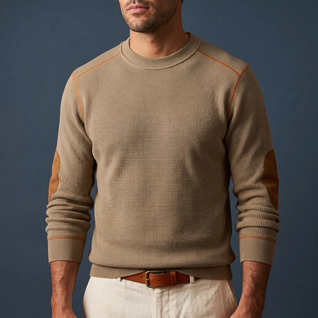 Hugo Waffle Knit Elbow Patch Sweater - Khaki