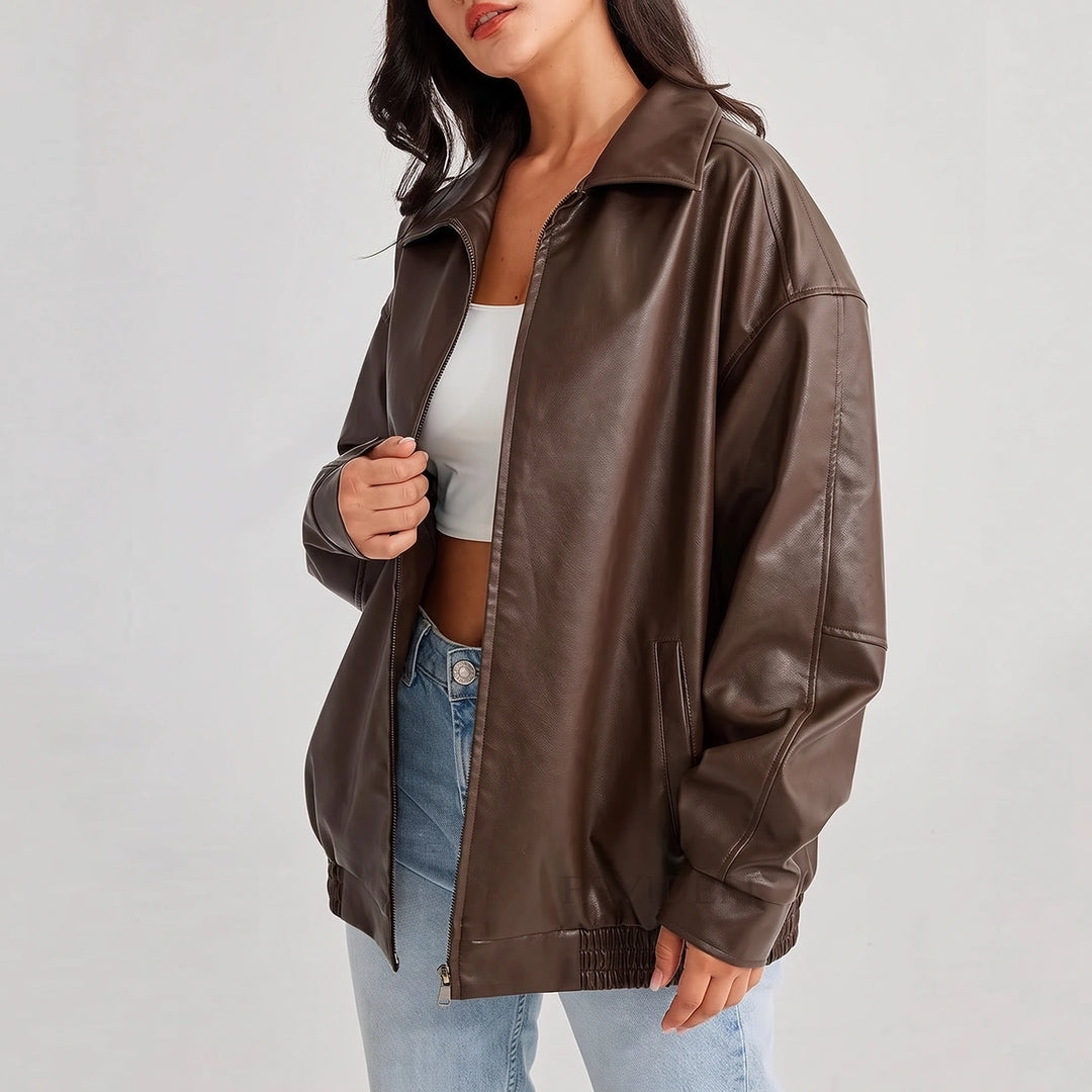 Ilaria Oversized Leather Bomber Jacket - Brown