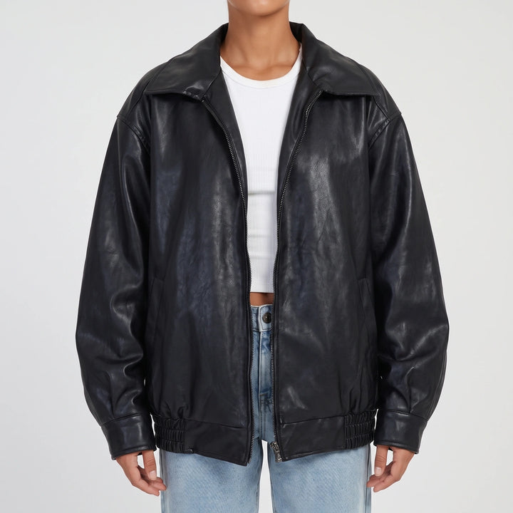 Ilaria Oversized Leather Bomber Jacket - Black