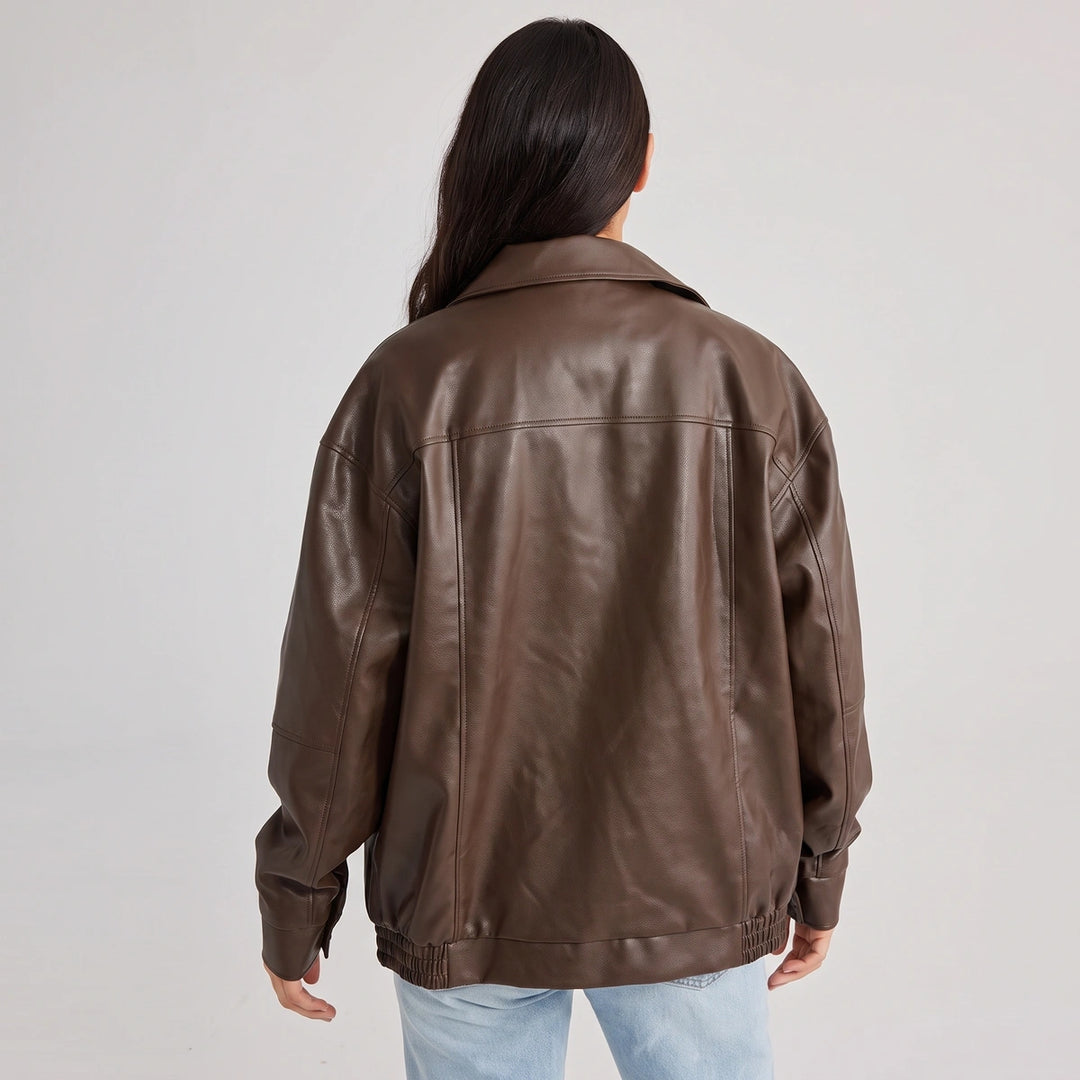 Ilaria Oversized Leather Bomber Jacket - Brown