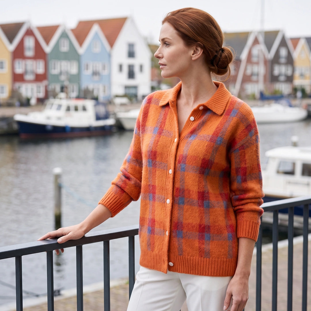 Imogen Plaid Knit Button Shacket - Orange