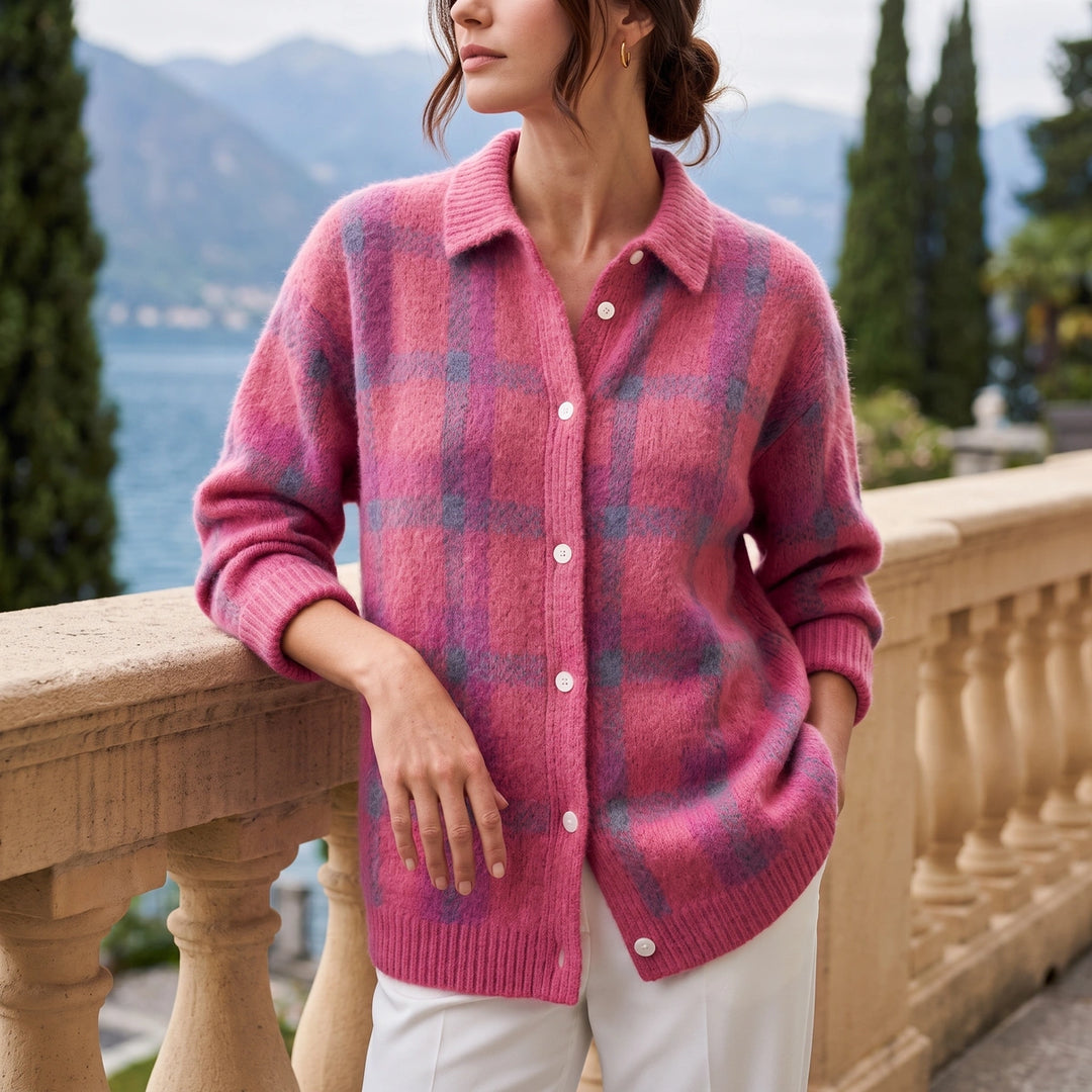 Imogen Plaid Knit Button Shacket - Pink