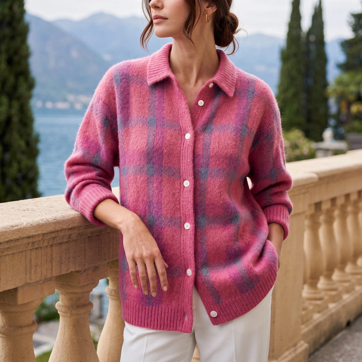 Imogen Plaid Knit Button Shacket - Pink