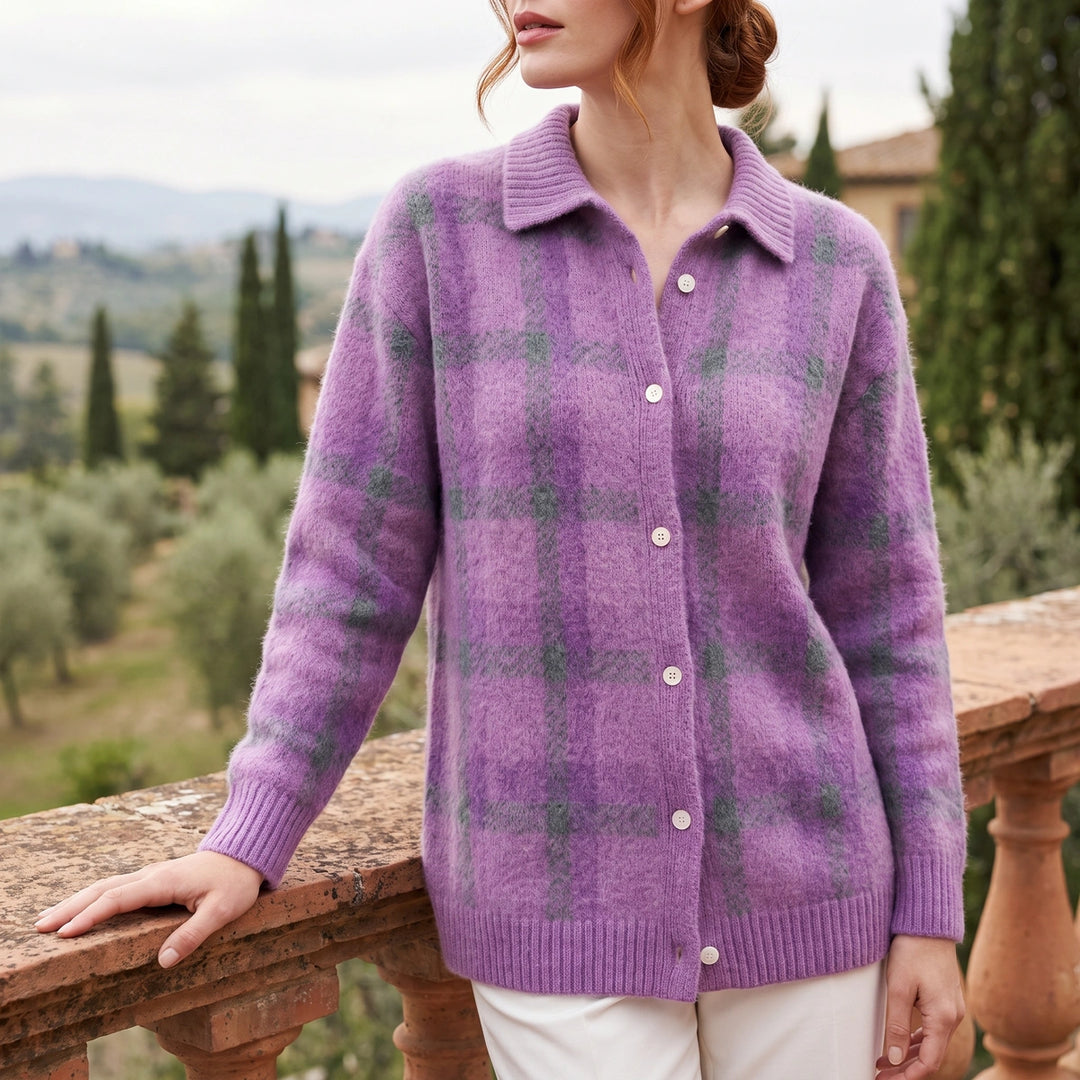 Imogen Plaid Knit Button Shacket - Purple