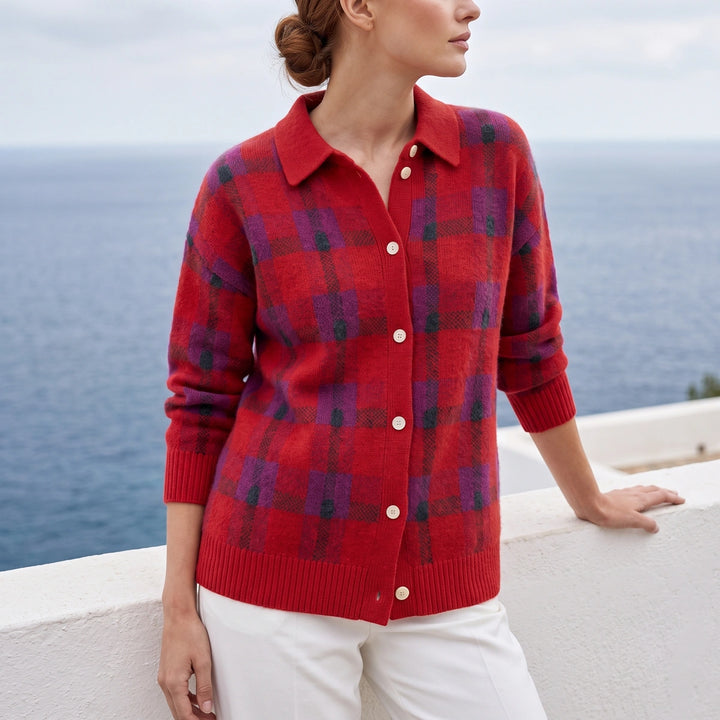 Imogen Plaid Knit Button Shacket - Red