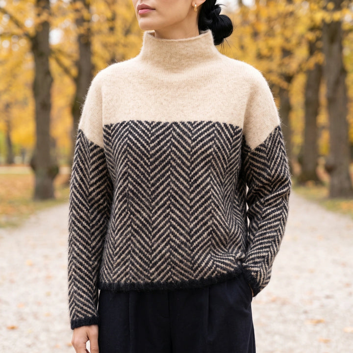 Iolanthe Herringbone Knit Solid Yoke Turtleneck - Beige
