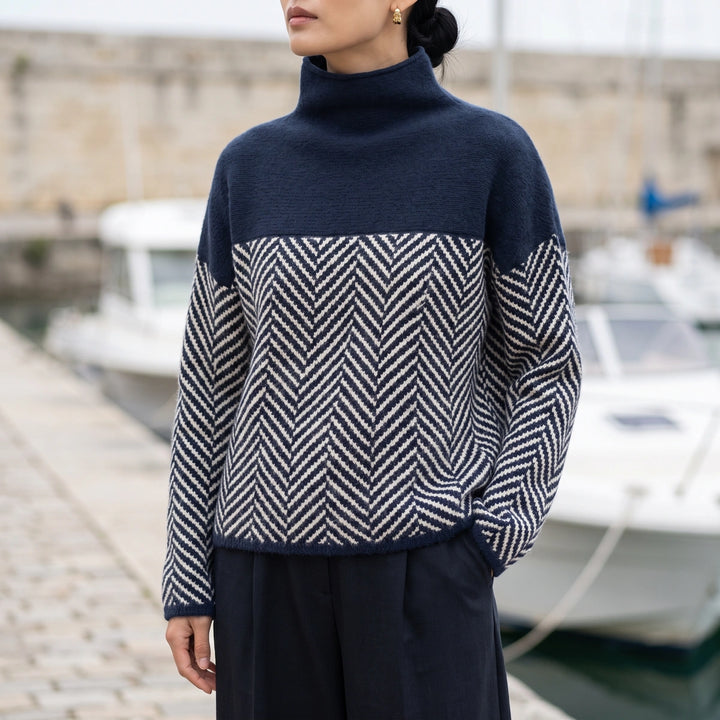 Iolanthe Herringbone Knit Solid Yoke Turtleneck - Blue