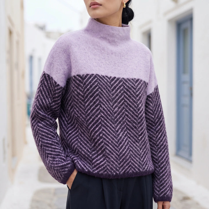 Iolanthe Herringbone Knit Solid Yoke Turtleneck - Purple
