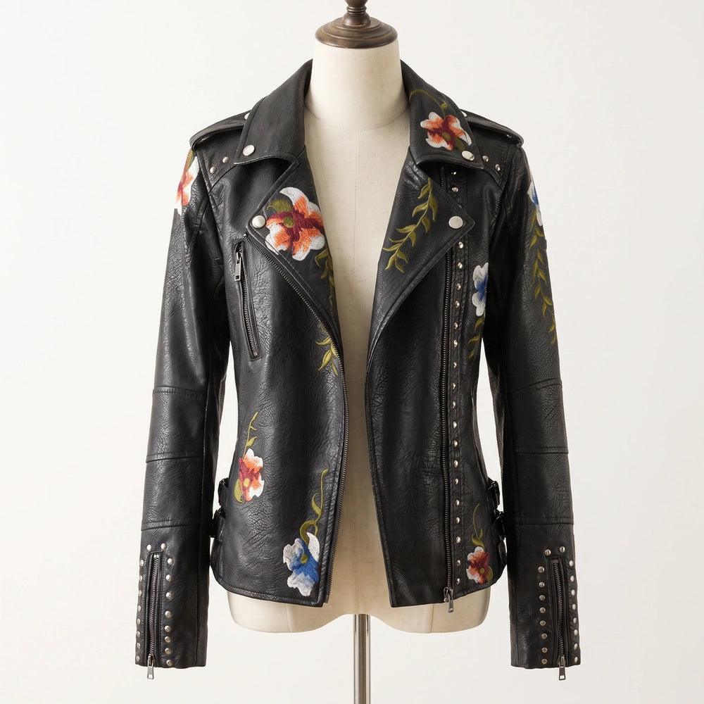 Isabeau Embroidered Leather Jacket - Black