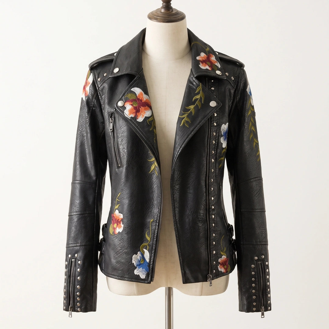 Isabeau Embroidered Leather Jacket - Black