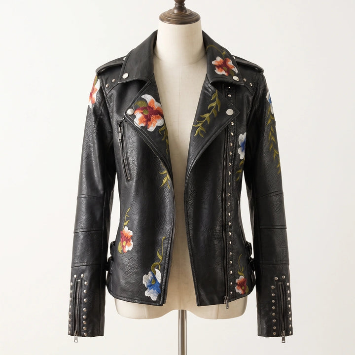 Isabeau Embroidered Leather Jacket - Black
