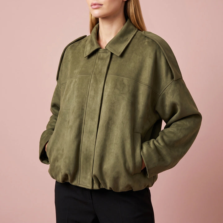 Isadora Oversized Cropped Suede Jacket - Olive