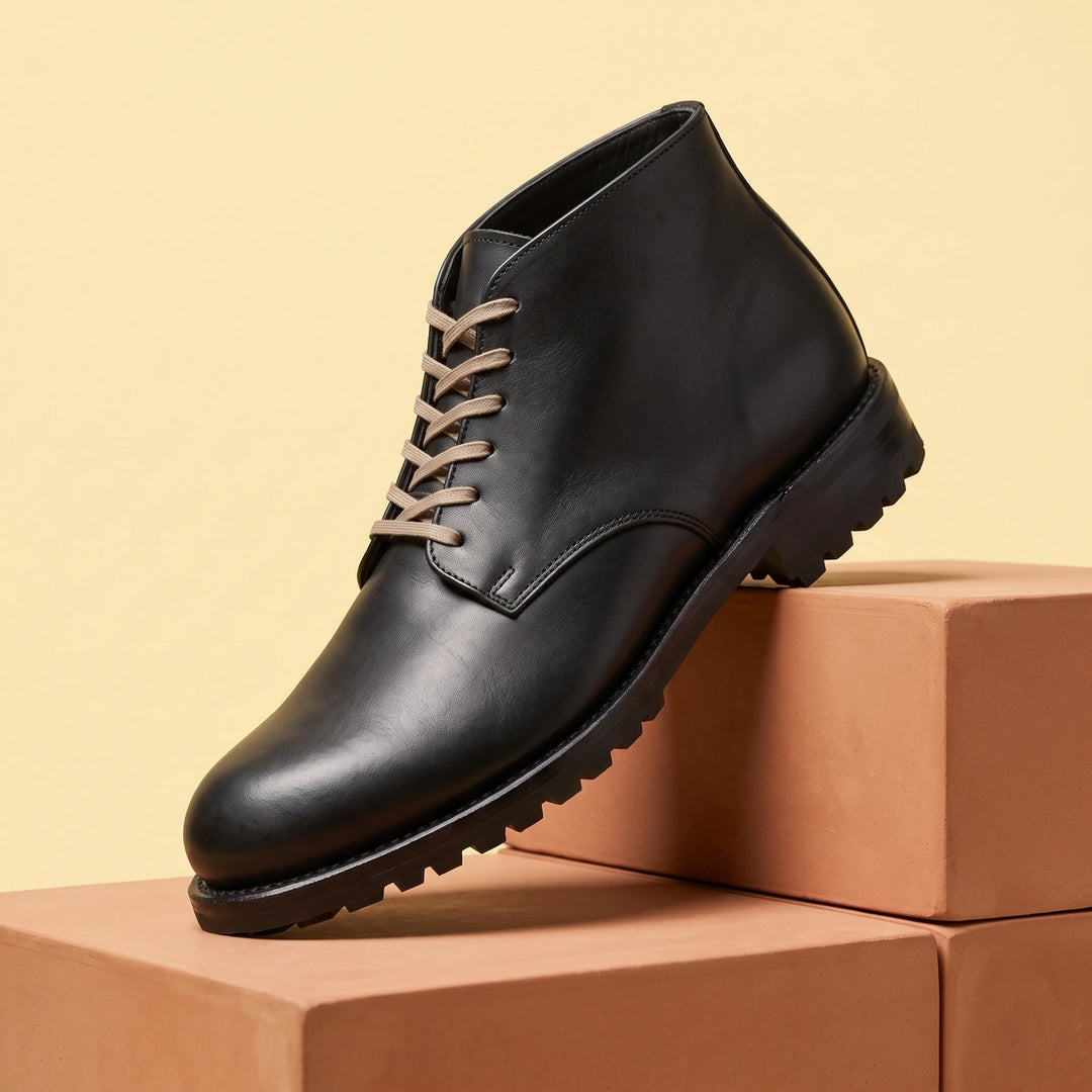 Ivor Vegan Leather Lace Up Lug Sole Boots - Black