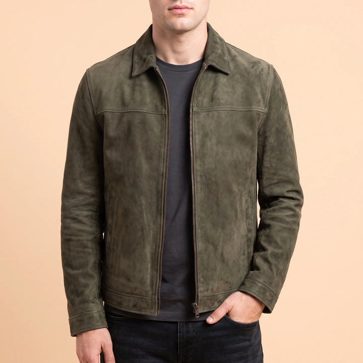 Jackson Genuine Leather Zip Front Jacket - Army Green