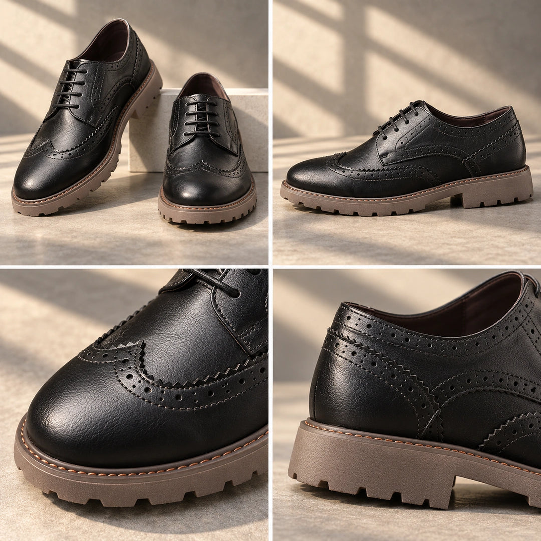 Jason Brogue Lug Sole Derby Shoes - Black