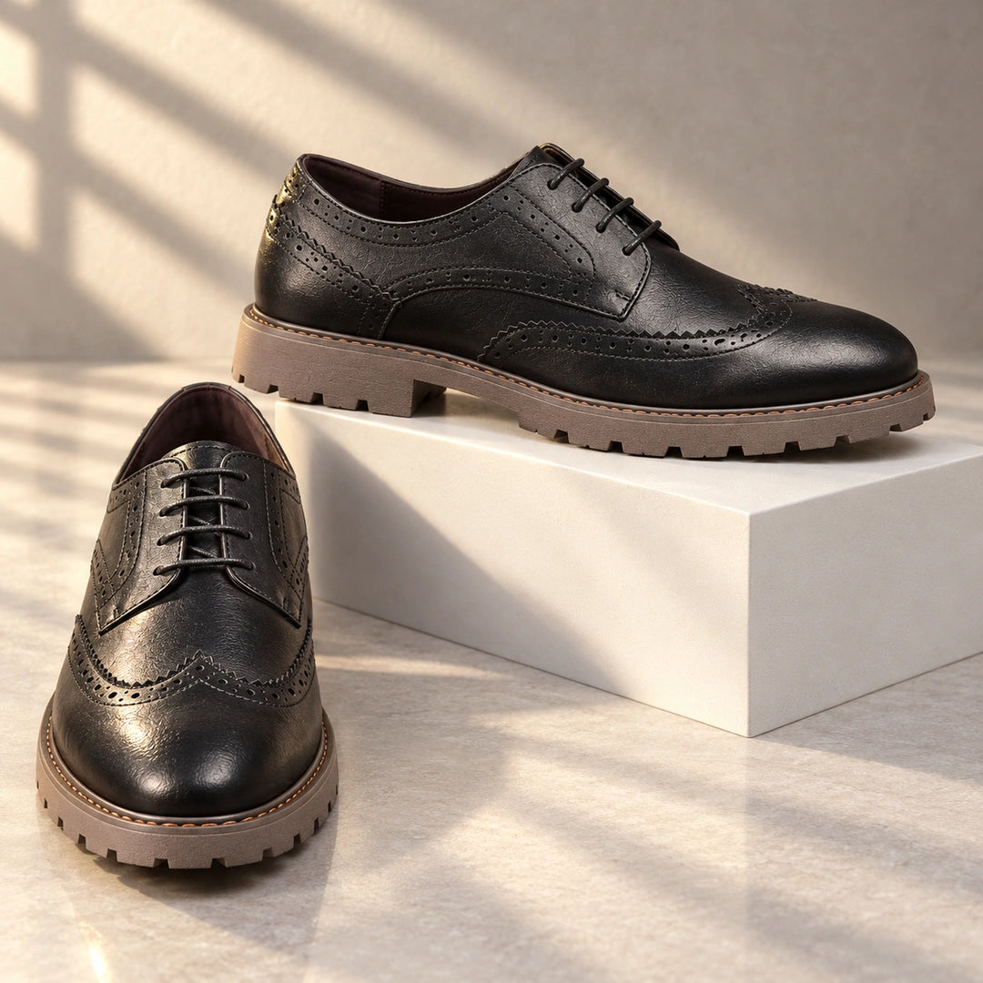 Jason Brogue Lug Sole Derby Shoes - Black