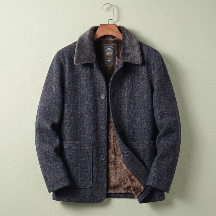 Jerome Shearling Lined Herringbone Wool Jacket - Navy