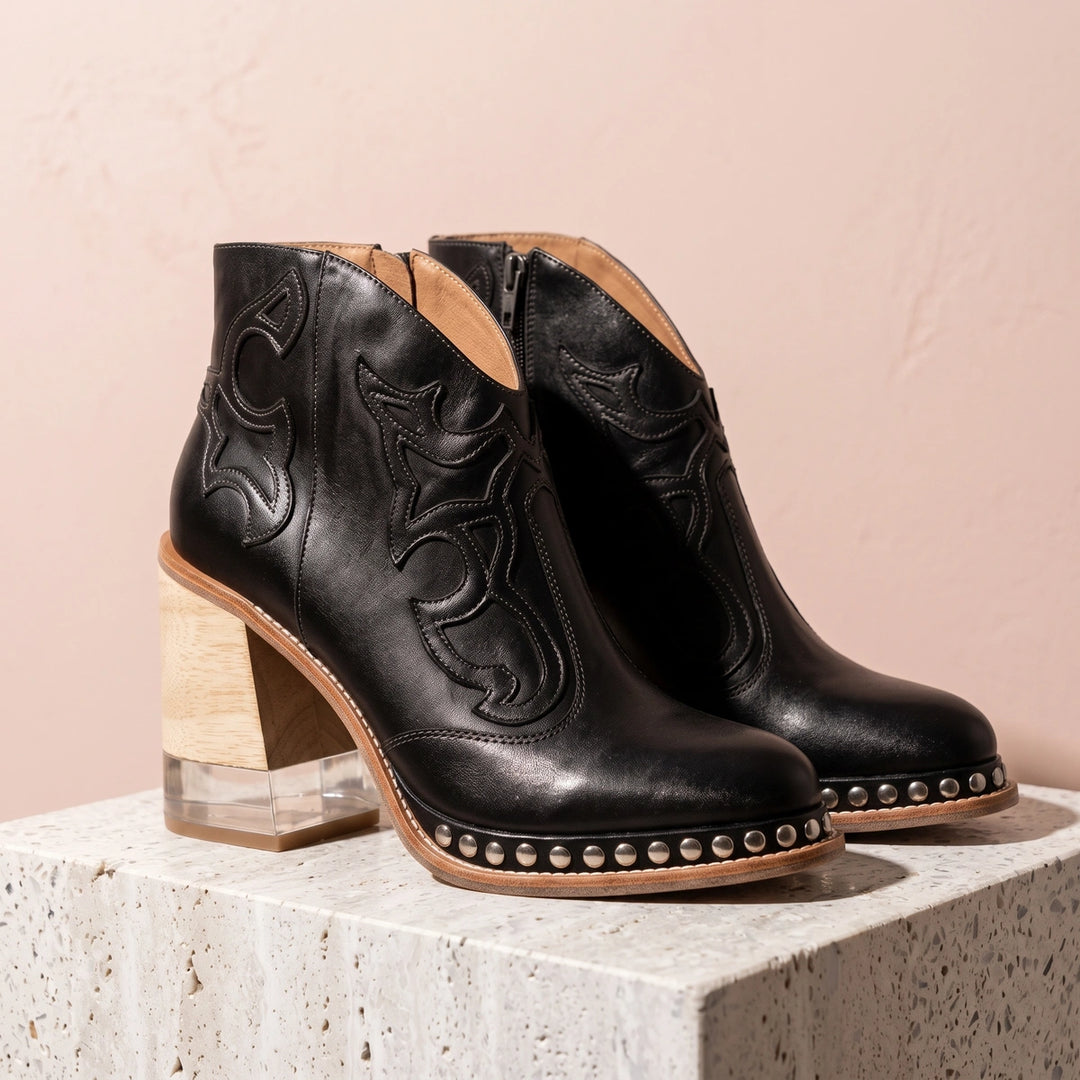 Jessamy Studded Western Ankle Boots - Black