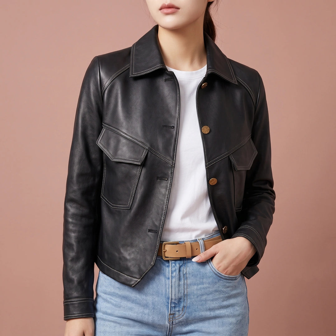 Jocasta Cropped Leather Shirt Jacket - Black