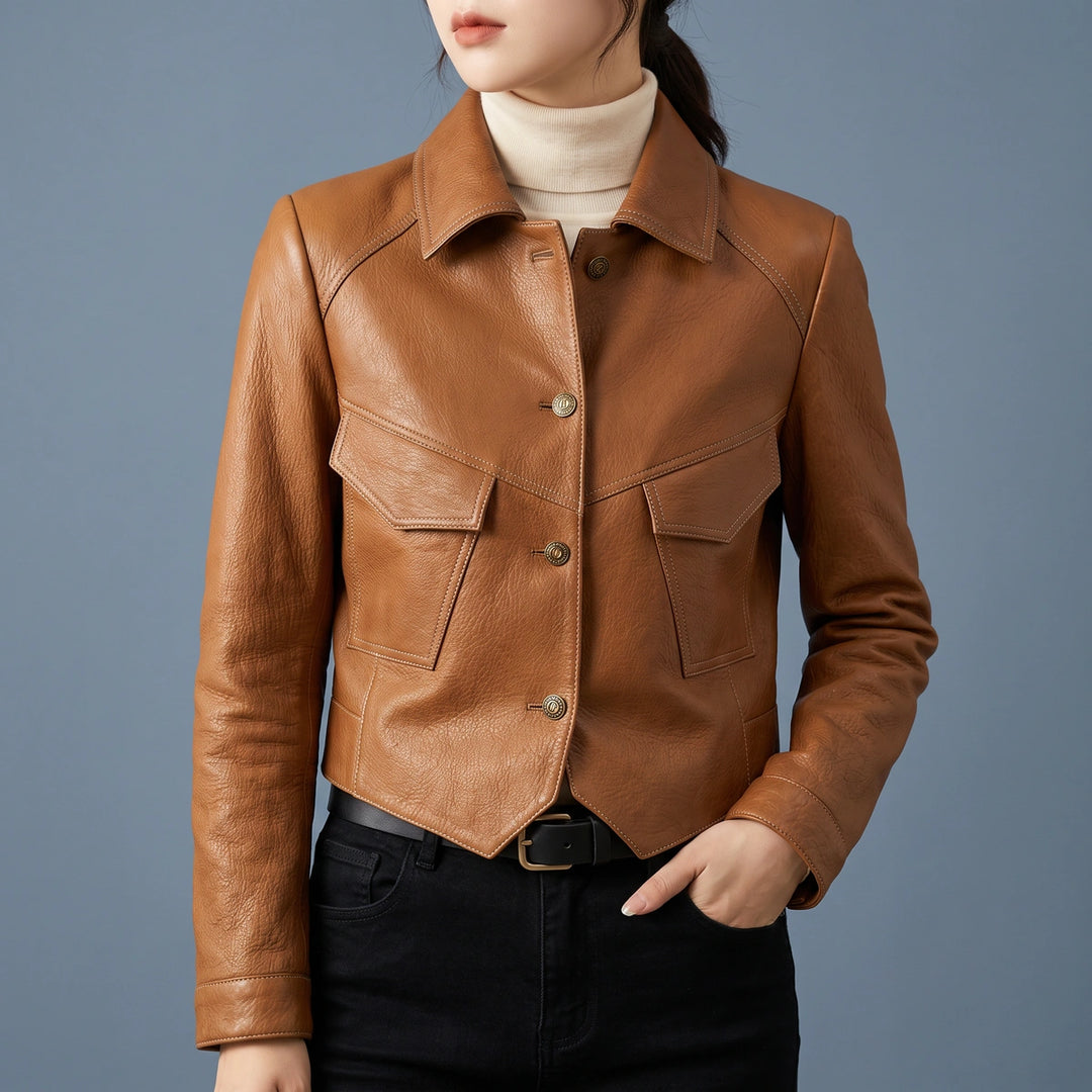 Jocasta Cropped Leather Shirt Jacket - Brown
