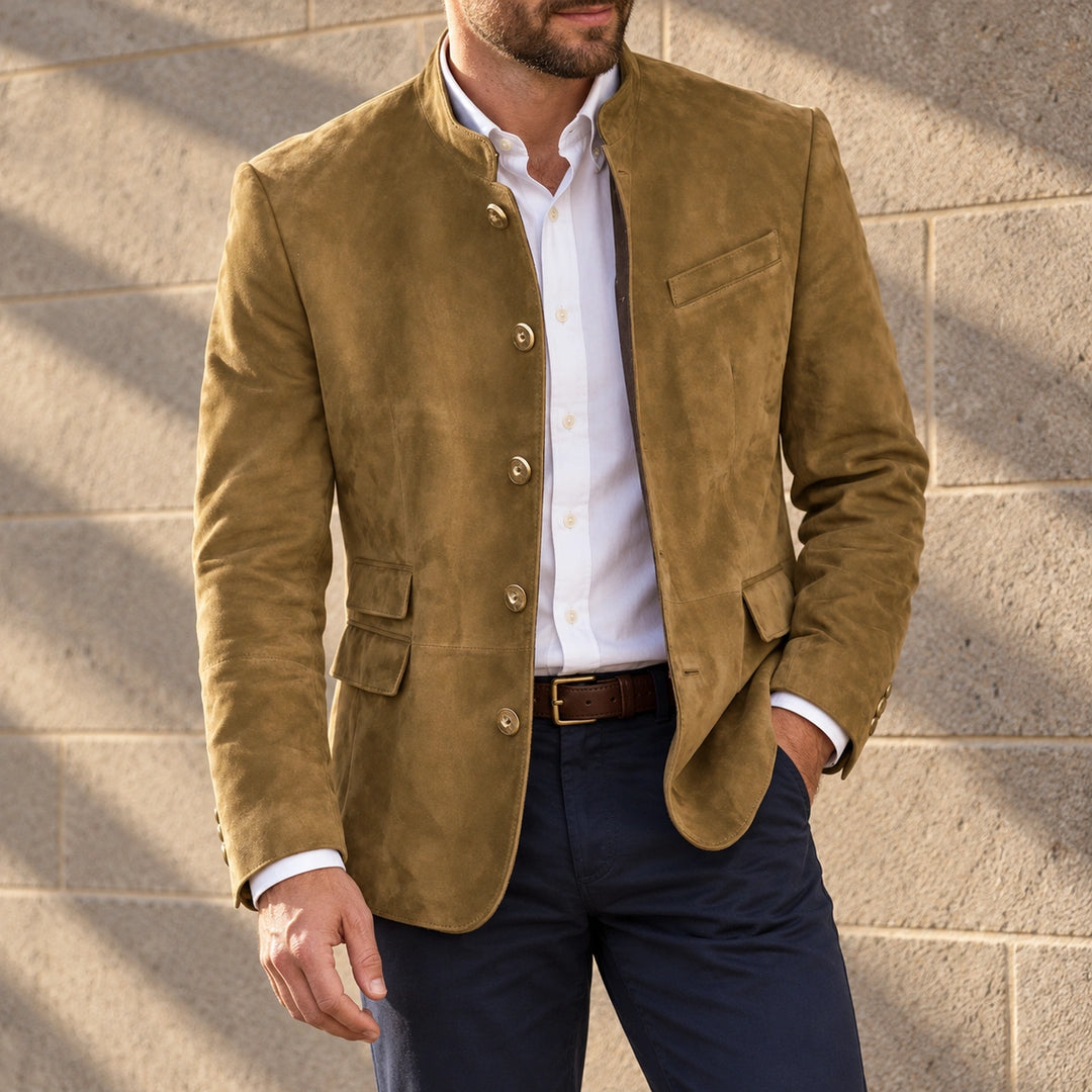 John Suede Stand Collar Blazer - Khaki