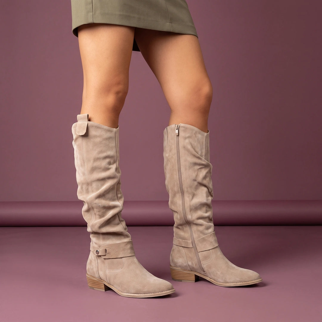 Jolene Slouchy Suede Stacked Heel Knee High Boots - Apricot