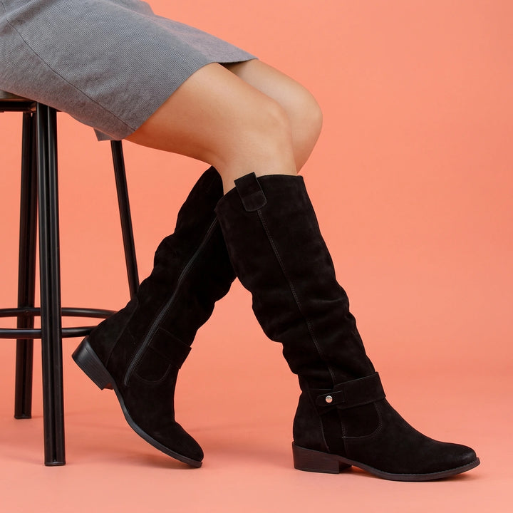 Jolene Slouchy Suede Stacked Heel Knee High Boots - Black