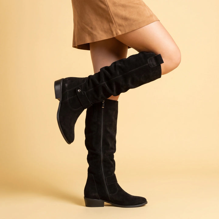 Jolene Slouchy Suede Stacked Heel Knee High Boots - Black