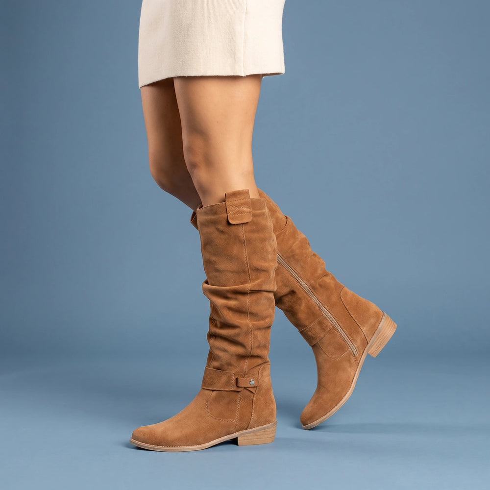 Jolene Slouchy Suede Stacked Heel Knee High Boots - Brown