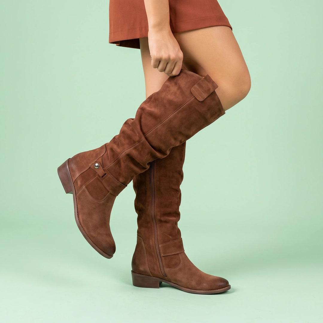 Jolene Slouchy Suede Stacked Heel Knee High Boots - Dark Brown