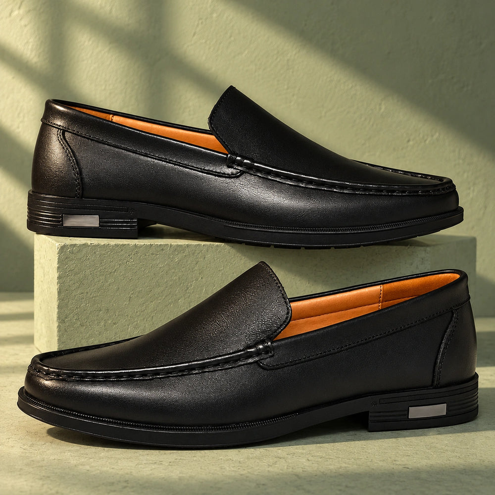 Joshua Genuine Leather Moc Toe Slip On Loafers - Black