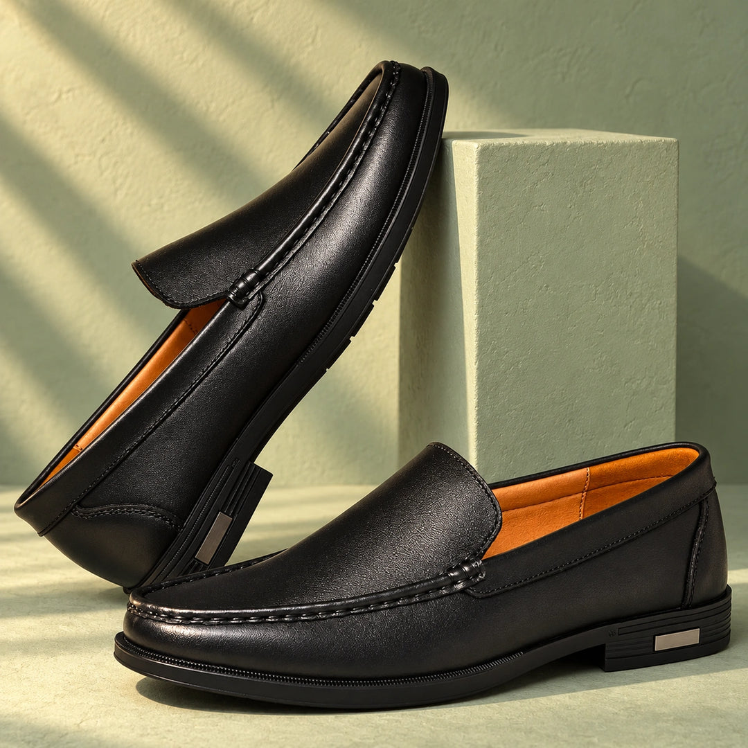 Joshua Genuine Leather Moc Toe Slip On Loafers - Black