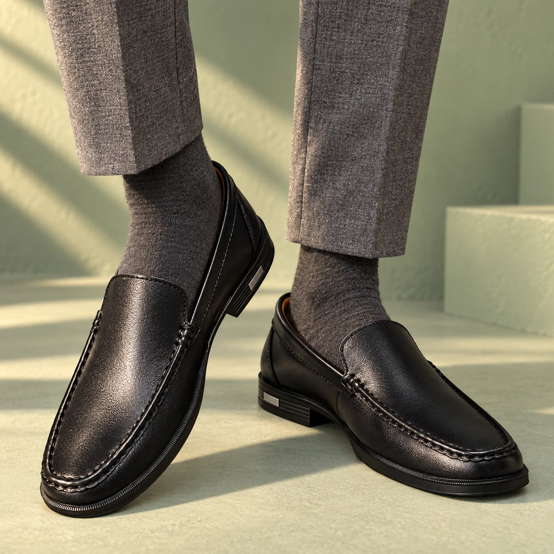 Joshua Genuine Leather Moc Toe Slip On Loafers - Black