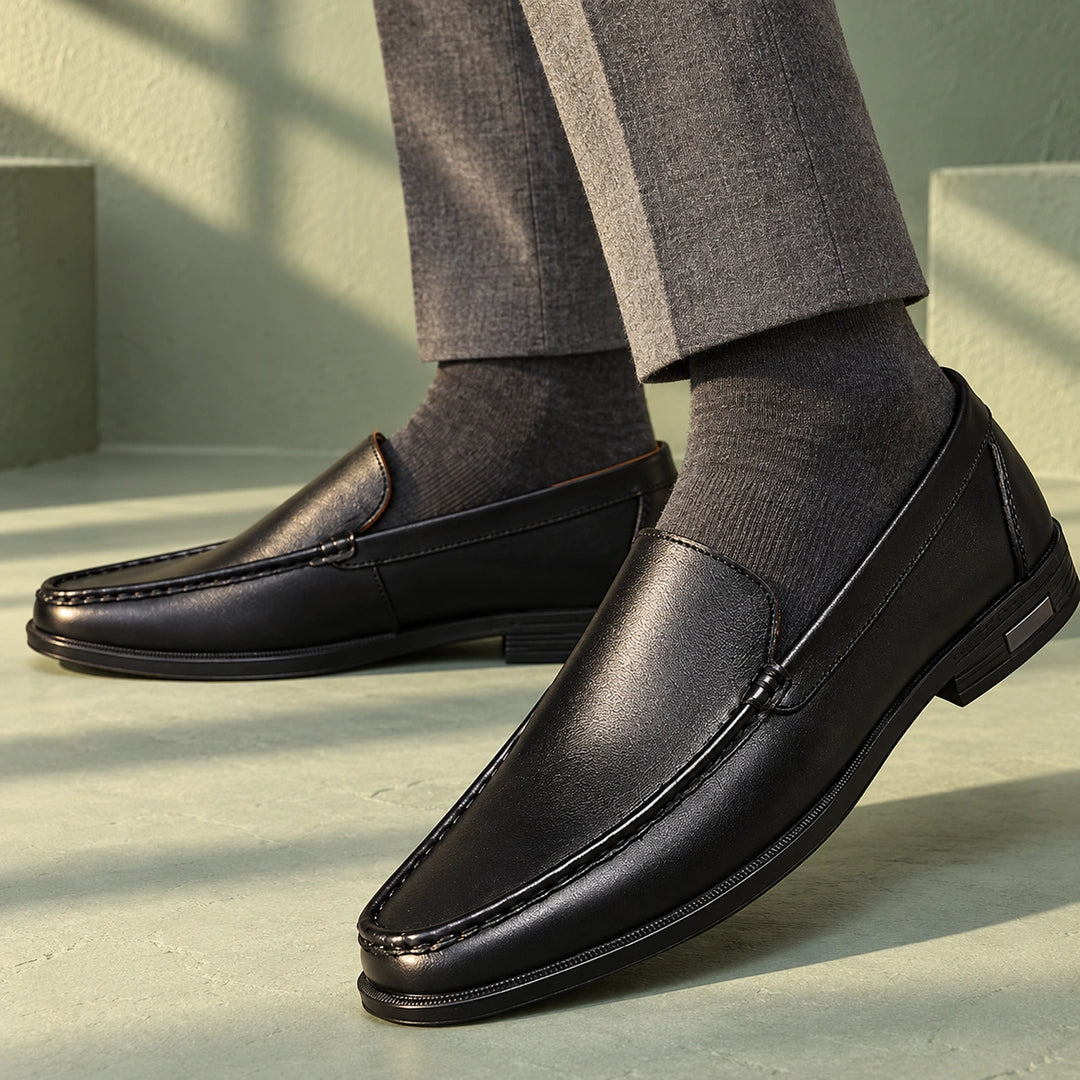 Joshua Genuine Leather Moc Toe Slip On Loafers - Black