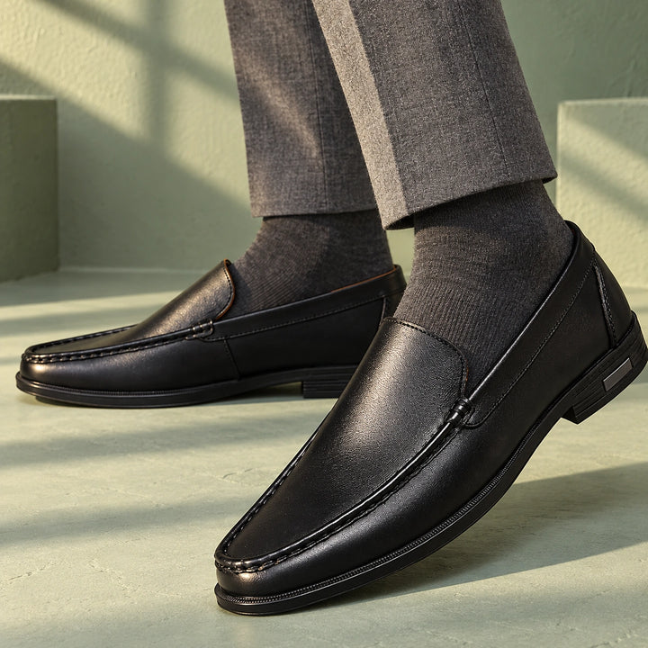 Joshua Genuine Leather Moc Toe Slip On Loafers - Black