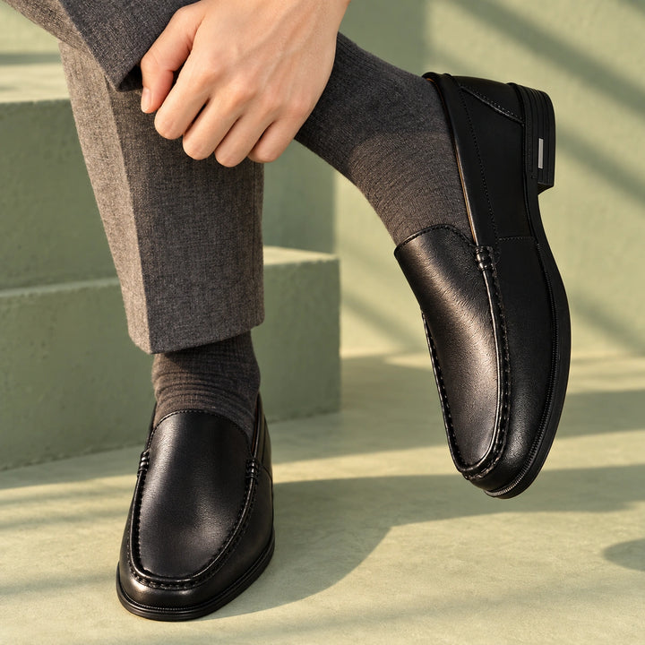 Joshua Genuine Leather Moc Toe Slip On Loafers - Black