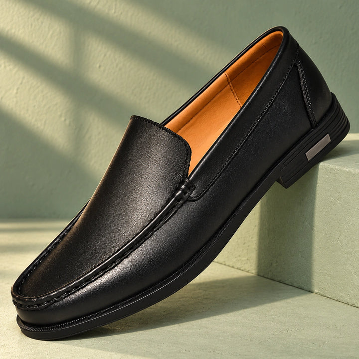 Joshua Genuine Leather Moc Toe Slip On Loafers - Black