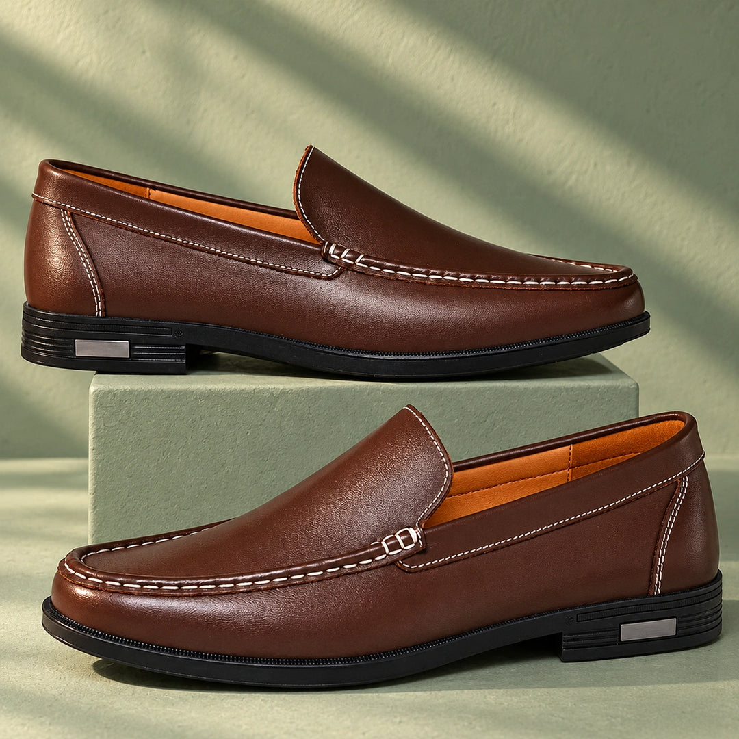 Joshua Genuine Leather Moc Toe Slip On Loafers - Brown