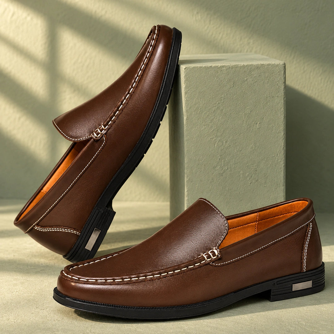 Joshua Genuine Leather Moc Toe Slip On Loafers - Brown