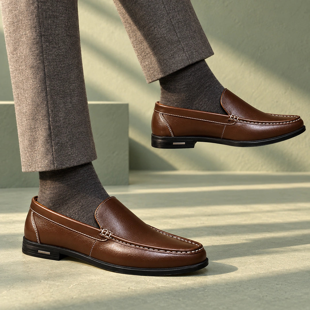 Joshua Genuine Leather Moc Toe Slip On Loafers - Brown