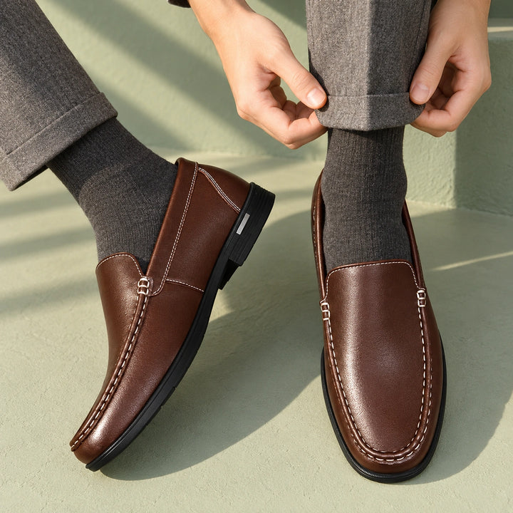 Joshua Genuine Leather Moc Toe Slip On Loafers - Brown