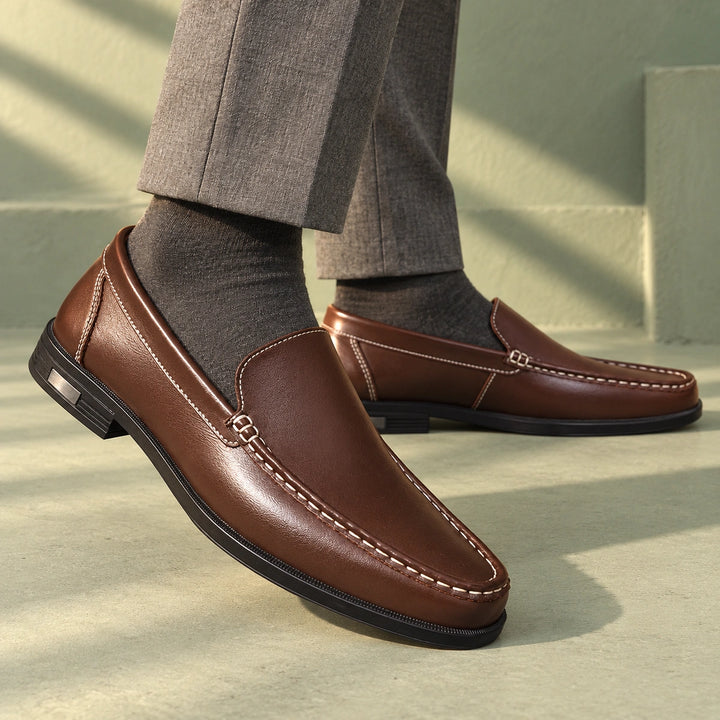 Joshua Genuine Leather Moc Toe Slip On Loafers - Brown